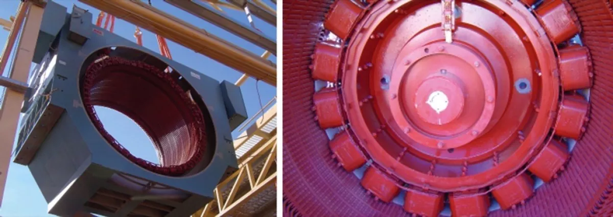 Fig. 1: Stator (left) and rotor (right) of a synchronous motor without gear during installation.(Picture: © ABB)
