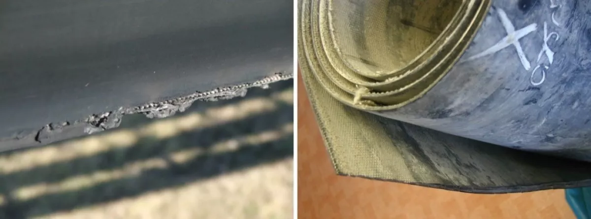 Fig. 1. Example of damage on edge of the pipe conveyor belt. (Pictures: © Technical University of Košice)