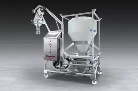 Flexicon's mobile sanitary IBC unloading station can be moved to multiple locations in the facility or rolled to a cleaning station for quick disinfection.
