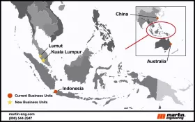 Map of the Martin Engineering presence in the Asian Pacific Region. (Pictures: © 2023 Martin Engineering)

