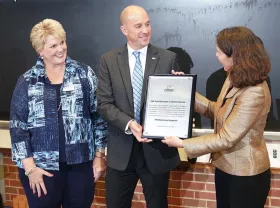 Kim Ryan, President and CEO of Hillenbrand, and Kevin Buchler, President of Coperion Food, Health and Nutrition Division, formally dedicate the Coperion ZSK Food Extruder to the students and staff at Purdue University that will be used by the Department of Food Science and Food Entrepreneurship and Manufacturing Institute (FEMI) at the university. Accepting the donation is Alyssa Wilcox, Chief of Staff, Office of the President and Senior Vice President for Partnerships at Purdue. (Photo: Purdue 