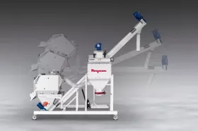 Mobile Tilt Down Flexible Screw Conveyor System with multi-purpose hood and integral dust collector allows manual dumping from handheld sacks, discharging from bulk bags, and transferring of material to elevated downstream equipment, dust-free. (Picture: ©Flexicon Corporation)
