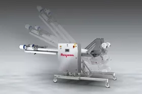 Twin BEV-CON™ Flexible Screw Conveyor system with dual hoppers on a mobile base transfers difficult-to-convey materials at multiple plant locations, simultaneously or separately, and can be rolled to a wash-down station for sanitising. (Picture: ©Flexicon Europe Ltd.)
