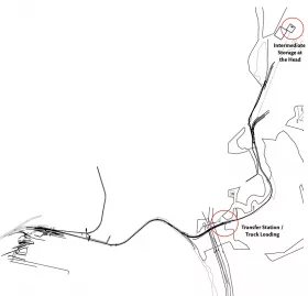 Fig. 2: Possible layouts for the Tube Conveyor System: The red circle in the middle of the route shows an uploading point at 4.5 km-tube conveyor for combination with truck transport (variant 1) or a transfer point of the 8.8 km-tube conveyor comprising 2 sub-conveyor-sections (variant 3).
