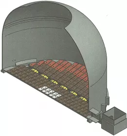 Cross section of a wood pellet storage silo featuring the Vibrafloors floor elements.
