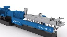 The new Coperion STS 75 Mc PLUS twin screw extruder achieves up to 20% greater throughput with improved product quality, at an increased specific torque of 13.6 Nm/cm³. (Picture: ©Coperion GmbH)
